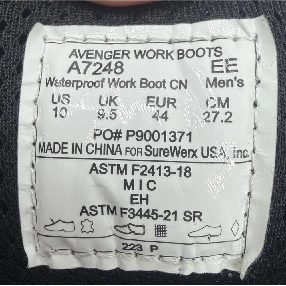 Avenger A7248 Waterproof Work Boots Men's 10EE Carbon Nano‎ Safety Toe Black